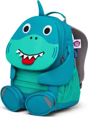 A children's backpack shaped like a shark, shown from the front.