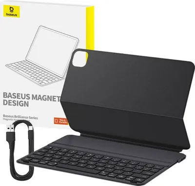 A product shot of a black keyboard case for an iPad Pro, shown with its packaging and a USB-C cable.