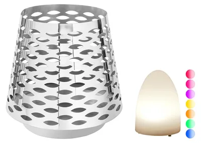 Produktbild von FINK Windlicht LUMA mit LED-Leuchtzylinder - Edelstahl, silberfarben glänzend, Ellipsenmuster, H 30 cm, Ø 32 cm