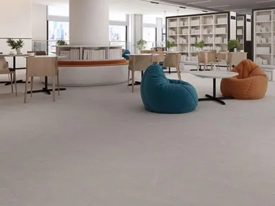 A modern lounge area with beanbag chairs and bookshelves.