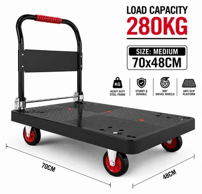 Image de Chariot de transport pliable - Chariot à plateforme - 70 x 48 x 80 cm - Capacité de charge : 280 kg - Roues pivotantes pour un déplacement facile - Idéal pour le transport de charges plates