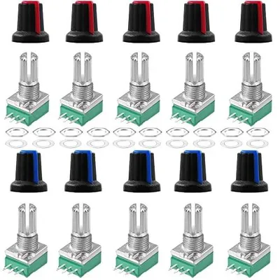 Produktbild von 10 Sätze RK097N B10K Rändelwelle 3 Klemmen potentiometer,Variable Widerstände, mit Kunststoffknöpfen