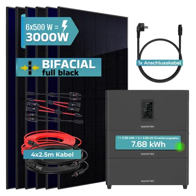 Produktbild von SUNNIVA® 3000W Balkonkraftwerk mit 7,68 kWh Speicher MARSTEK Jupiter C + Plus, 6x500W BIFAZIAL FULLBLACK komplett Steckdose, Solaranlage Solarspeicher