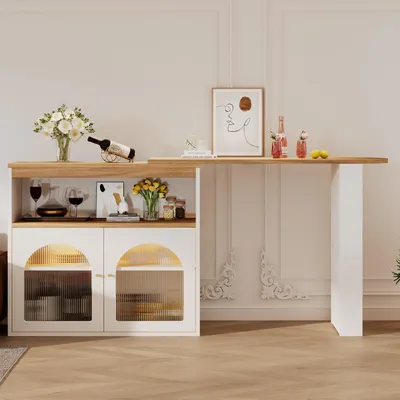 Image de MODFU Table de Bar - Table Extensible Haute avec Rangements et LED Intégrée - Pivotante, Panneau de Particules + Métal, 138-193×39×105 cm, Blanc