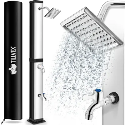 Imagen del producto de tillvex Ducha de Jardín 40 litros /Plata | Cubierta protectora incluida | Ducha Solar con Agua Caliente | Sin Conexión Eléctrica | Cabezal de Ducha de Lluvia y Grifo | Conexión de Manguera de Jardín