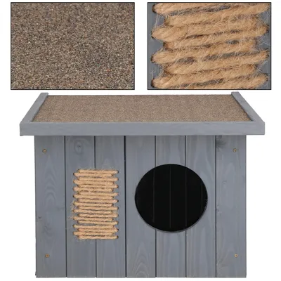 Produktbild von Springos® Katzenhaus aus Holz Outdoor Katzenhütte 49,5 x 58 x 36 cm Tür mit Lamellen Flachdach Wetterfest Isolierte Wände winterfest isoliert