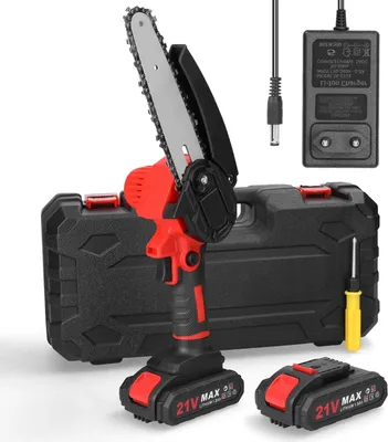 Produktbild von Mini-Kettensäge - 21V Akku-Astsäge - 15 cm Schwert - 2 Akkus - Einhand - Bürstenmotor - Rot