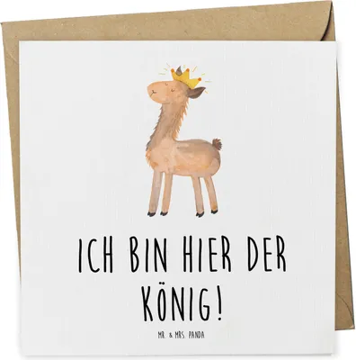 Produktbild von Mr. & Mrs. Panda Grußkarte Lama König - Weiß - Geschenk, Klappkarte, Papa, faltkarte, anlasskarte, Vorgesetzter, doppelkarte, Lamas, Chef, Glückwunschkarte