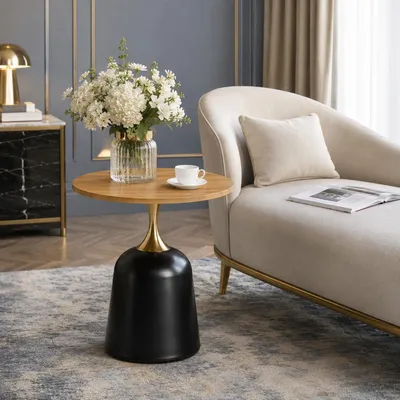 Produktbild von Runder Beistelltisch Ø 60 cm Couchtisch mit Metallgestell Holzoptik Modern Sofatisch Wohnzimmer Holz 60x60x58 cm