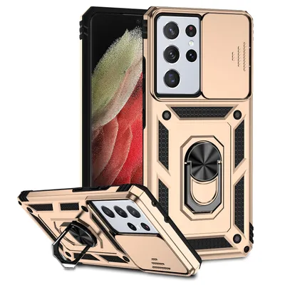 Obrázek produktu pro Pouzdro pro Samsung Galaxy S21 Ultra 5G dvouvrstvé pouzdro s posuvným krytem kamery a prstencovým stojánkem Zlato