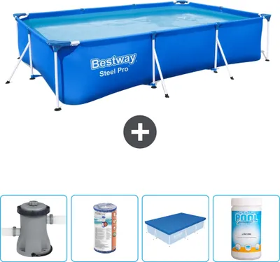 Produktbild von Bestway Rectangular Steel Pro Swimmingpool – 300 x 201 x 66 cm – Blau – inklusive Pumpe Filter - Abdeckung - Chlor