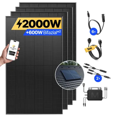 Produktbild von Balkonkraftwerk 2000W Solaranlage mit Ziegeldach Halterung (Paarmontage) Steckerfertig Komplettset Photovoltaik Anlage 800W, Kabellänge: 5m, Solakon