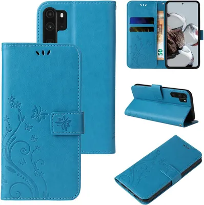 Produktbild von Handyhülle für Huawei P30 Pro Floral Blumen Schmetterling Flip Cover Hülle Case Klapphülle Handytasche Farbe: Blau