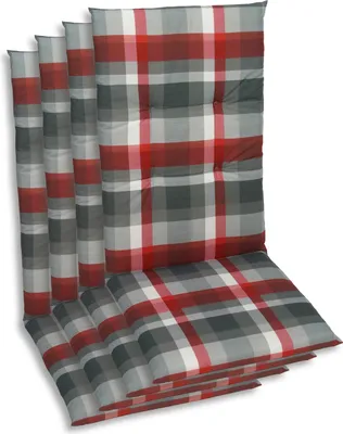 A stack of chair cushions with a red, gray, and white plaid pattern.