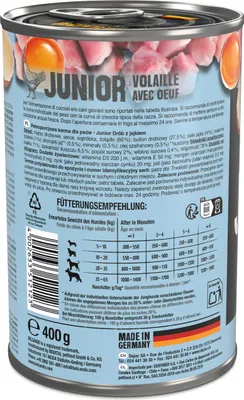 The back of a dog food can, showing nutritional information and feeding guidelines.