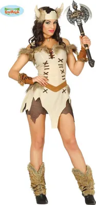 Produktbild von Wikinger Abenteuer Kriegerin Kostüm Wikingerhelm Pelzbesatz Kriegeraxt Nordische Heldin, Größe: 36 - 38 (S) Farbe: Beige
