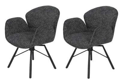 Produktbild von Hela Tische, 2er Set Esszimmerstuhl Armlehnstuhl Bristol 360° drehbar, Bezug Bouclé Anthrazit, Rundrohr-Metallgestell Schwarz 120kg belastbar