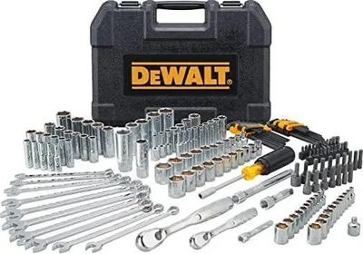 A DeWalt mechanic's socket set is displayed in front of its black carrying case.