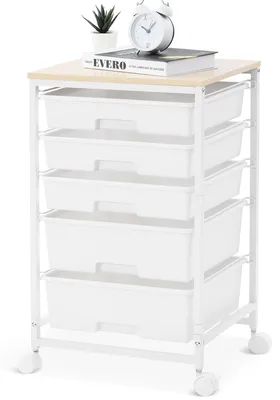 Image de Chariot, meuble de salle de bain à 5 tiroirs, chariot de cuisine à roulettes avec plateau en bois, meuble de rangement mobile pour la cuisine, le salon, la chambre à coucher, le bureau, blanc