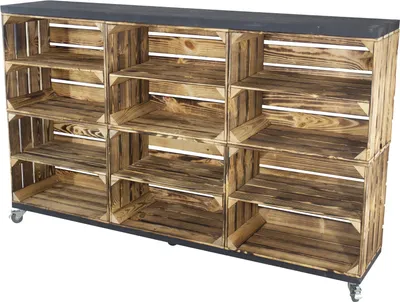 Produktbild von Kommode aus geflammtem Holz auf Rollen, 93x150x30cm Holzbohlen Weinkisten Paletten