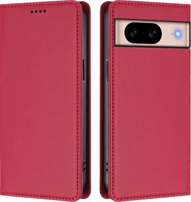 Image de Etui en cuir pour Google Pixel 8A, étui magnétique en cuirPolyuréthaneavec support Rouge