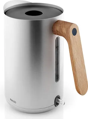 A studio shot of a stainless steel electric kettle with a wooden handle.
