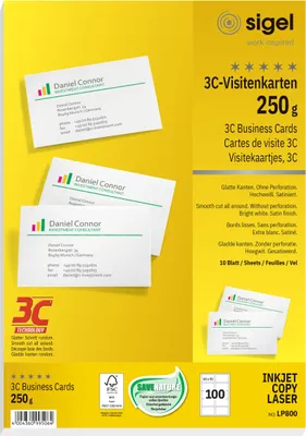 Produktbild von SIGEL LP800 Visitenkarten, 3C, hochweiß, 250 g/m², 85x55 mm, 100 ST=10 BL