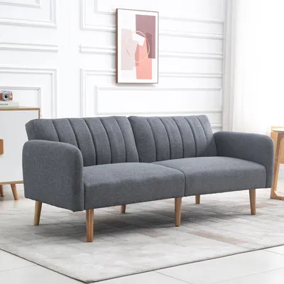 Produktbild von Schlafsofa 2-Sitzer mit Schlaffunktion, Futonsofa, leinenartiges Polyester, Grau | 173 x 75 x 73 cm | 3 Rückenlehnen-Positionen | 6 Kautschukholzbeine
