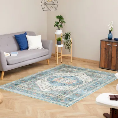 Produktbild von Teppich TRADITIONAL waschbar 160 x 230 cm türkis Vintage Kurzflor rutschfest, schmutz- und wasserabweisend, strapazierfähig, pflegeleicht mit orientalischem Muster