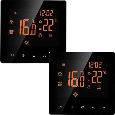 Two digital thermostats are shown against a white background.