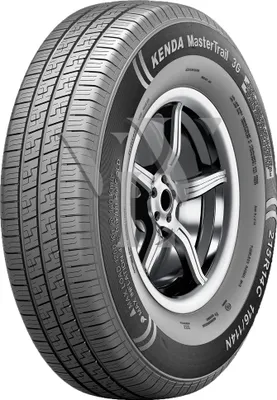 A close-up studio shot of a Kenda MasterTrail 3G tire mounted on a silver alloy wheel.