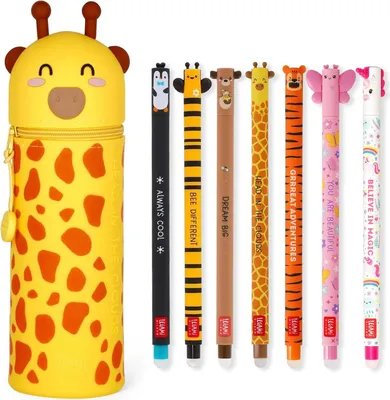 Produktbild von LEGAMI Set mit 7 radierbaren Gelstiften + 2-in-1-Federmäppchen - mit thermoempfindlicher Löschtinte, Tintenfarben und Schaftdesigns, 0,7 mm Spitze, Set 2 (Giraffe)