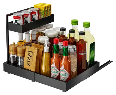 Produktbild von Küchen Organizer, 2-stufiger Unterschrank Organizer, Ausziehbare Schublade für die Küche, Erweiterbares Regal für Bad und Gewürze (Schwarz)