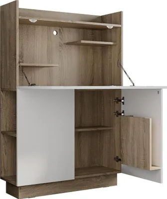 A white and wood-colored furniture piece, likely a desk or storage unit, against a white background.