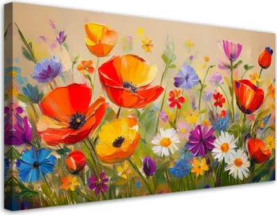 Produktbild von Leinwandbild Mohnblumen Bunte Blumen auf einer Wiese 100x50 Feeby Bunt bild für die wand bereit zum aufhängen