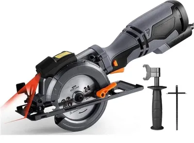 Image de Scie circulaire compacte - Scie circulaire portative - Moteur 710W - 3500 tr/min - Lame de scie de 120 mm - Profondeur de coupe de 29 à 43 mm - Guide laser et 6 lames - Gris