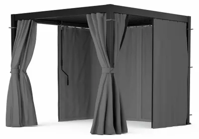 Produktbild von Blumfeldt Pergola 3x3 m - Lamellendach Verstellbar, Inkl. Vorhänge & Moskitonetze, UV-Schutz, Aluminium-Rahmen, Rostfrei, Ganzjährig Nutzbar, Schwarz