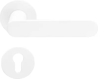 A white door handle set with a keyhole escutcheon on a white background.