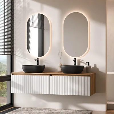 Produktbild von Planetmöbel ARISA Doppelwaschtisch 160 cm in Weiß Geriffelt mit 2 LED Spiegel und 2 schwarzen Keramik-Aufsatzwaschbecken 42 cm