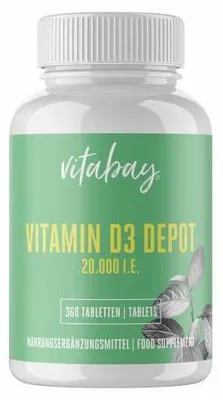 Produktbild von Vitabay Vitamin D3 Depot 20.000 I.E. – 365 vegane Tabletten – hochdosiert & vegan – ohne Zusatzstoffe – labor – Vorrat für sehr lange Zeit