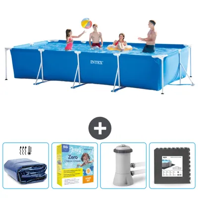 Immagine prodotto di Piscina Intex con struttura rettangolare - 450 x 220 x 84 cm - blu - include tenda da sole - pacchetto manutenzione - pompa filtro per piscina - piastrelle per pavimento