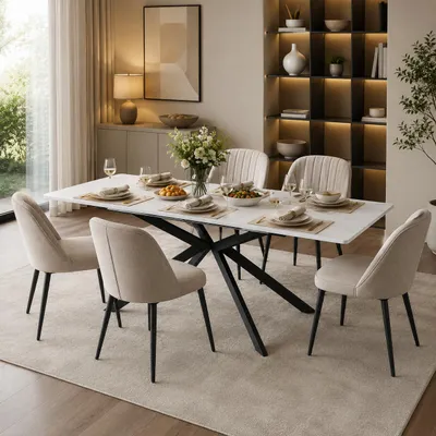 Productafbeelding van Uittrekbare eettafel, 150/180 x 70 x 76 cm, rechthoekig, met uitschuifbaar tafelblad, kruisvormig onderstel, gemaakt van MDF en metaal, met een marmerlook in zwart en wit