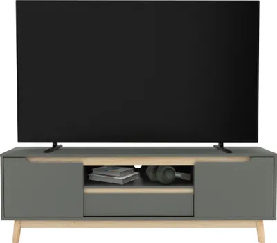 A modern TV lowboard with a television on top, set against a white background.
