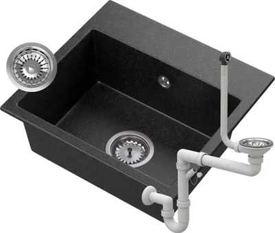 A black granite composite kitchen sink with a chrome drain assembly and a separate inset image of a sink strainer.