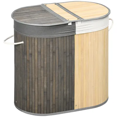 Image de HOMCOM Panier à linge en bambou 100L avec 2 sections couvercle et sac amovible 62,5 x 37 x 60,5 cm - gris
