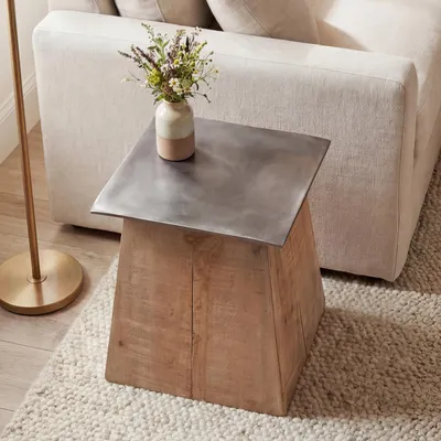 Produktbild von Beistelltisch HWC-L76b, Blumentisch Tisch, Industrial Massiv-Holz MVG- 45x36x36cm, natur mit Metall-Optik