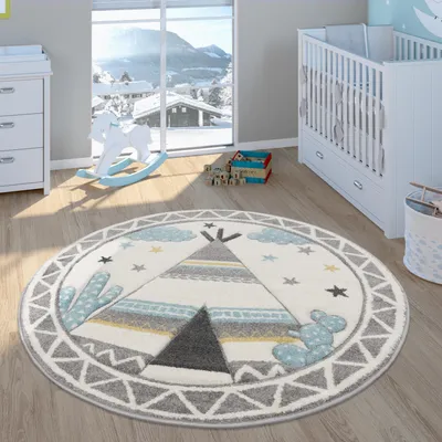Produktbild von Kinder-Teppich, Kinderzimmer Pastell Farben, Indianer-Zelt Motiv 3-D, in Cream Grau Grösse Ø 120 cm Rund