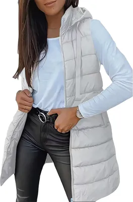 Image de ASKSA Femme Gilet matelassé long sans manches avec capuche Gilet chaud léger Veste d'hiver casual Manteau matelassé unicolore Gilets de sport d'hiver (Gris,S)