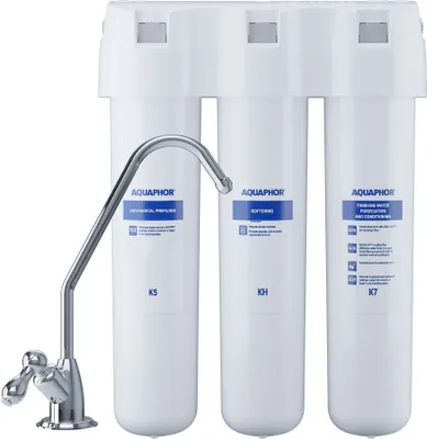 Produktbild von AQUAPHOR Crystal HA TRIO Trinkwasserfilter mit 1 Wege Wasserhahn Wasserenthärter mit Keimsperre Mikrofiltration bis 0,8 Mikrometer
