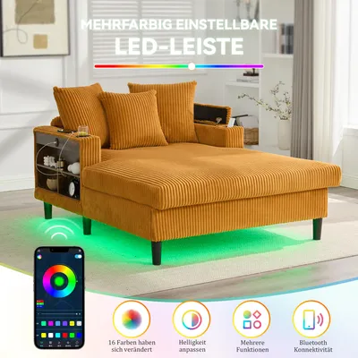 Produktbild von okwish Schlafsofa Cord-Liegesessel mit LED und Getränkehalter, 1-Sitzer-Sofa mit USB und Stauraum, Wohnzimmersofa in Senfgelb